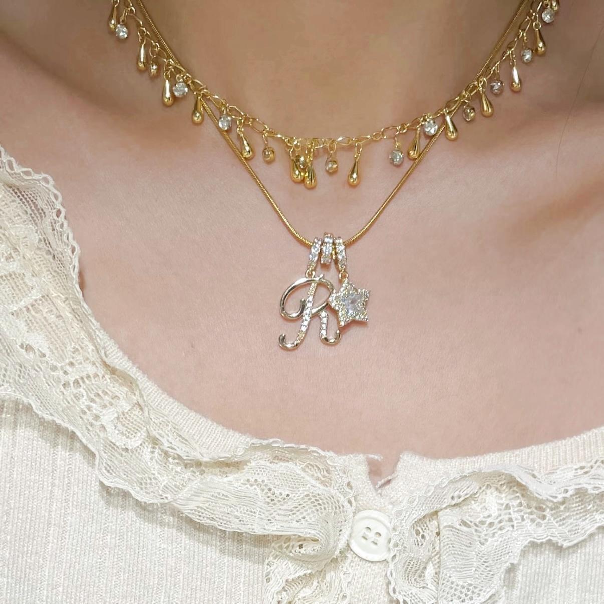 Dopamine Star Girl TK26 Letter Necklace Stainless Steel Chain Plated 22K Real Gold Decorated Luxury Style Women's Jewelry
