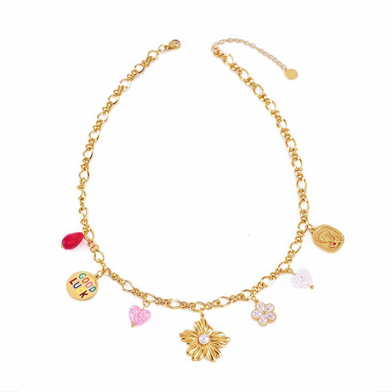 304 Stainless Steel Rose Flower Butterfly PVD Coated 18K Real Gold Plated Elegant Classic Style Waterproof Non Tarnish Plating Lobster Trigger Clasp Closure Multi Charms Necklace