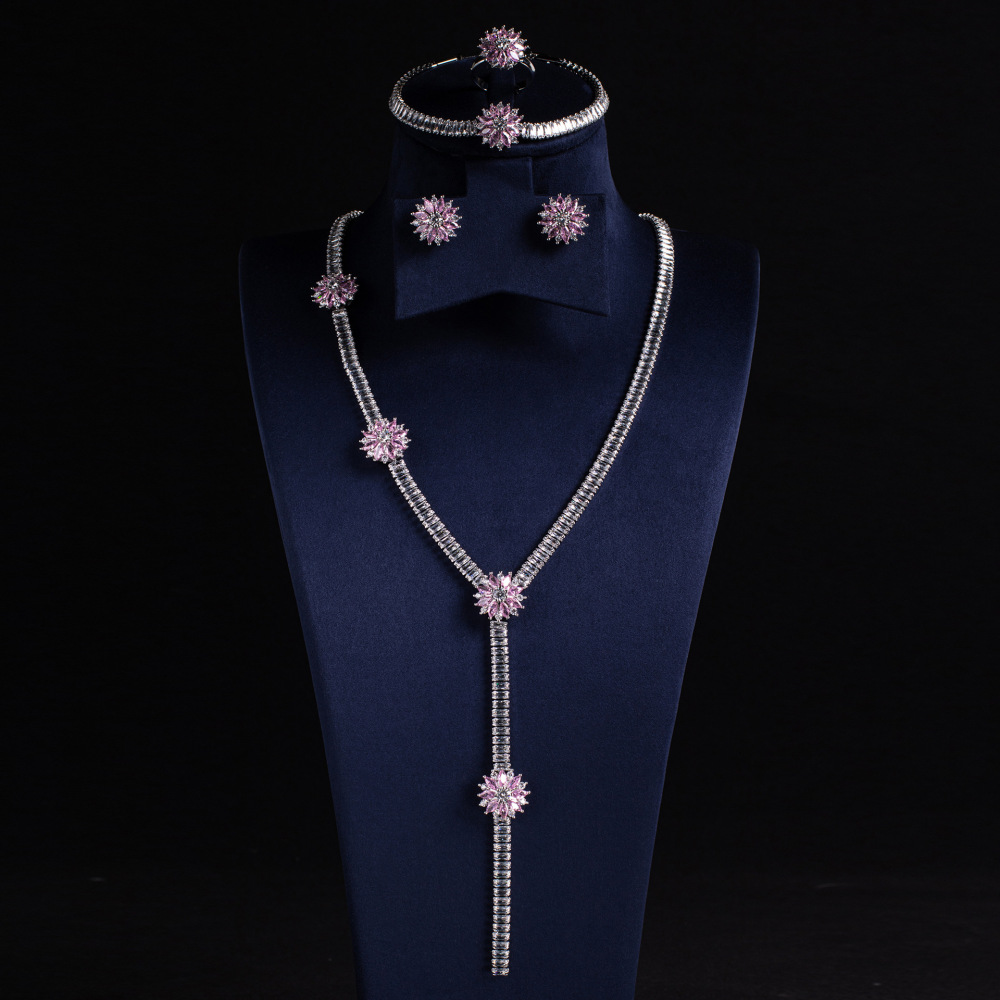 Glimmering Camellia Flower Gem Necklace Earrings Bracelet Ring Evening Gown Accessories Clavicle Chain Floral Ear Studs Jewelry Set