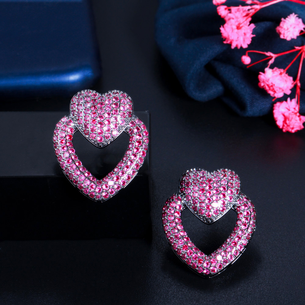 Copper Heart Shape Electroplating Zircon Rhodium Plated Classic Style Inlay Ear Studs