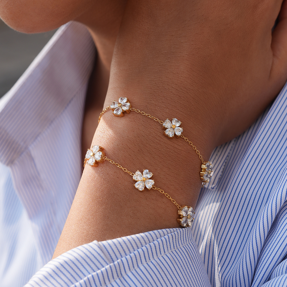 18K Gold Plated 304 Stainless Steel Vacuum Electroplated Zircon Geometric Lucky Clover Four-Leaf Clover Handmade Three-Dimensional Bracelet Jewelry Women's Accessories