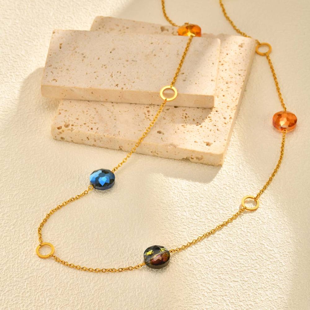 Stainless Steel Geometric Design Necklace Multi-style Women's High-end Jewelry Accessories Colorful Beads Irregular Shape Stackable