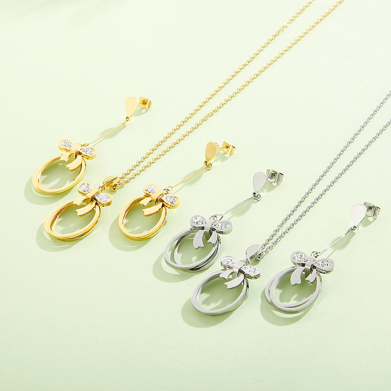 304 Stainless Steel Bow Knot PVD Coated Zircon 18K Real Gold Plated Simple Style Classic Style Waterproof Non Tarnish Inlay Jewelry Set