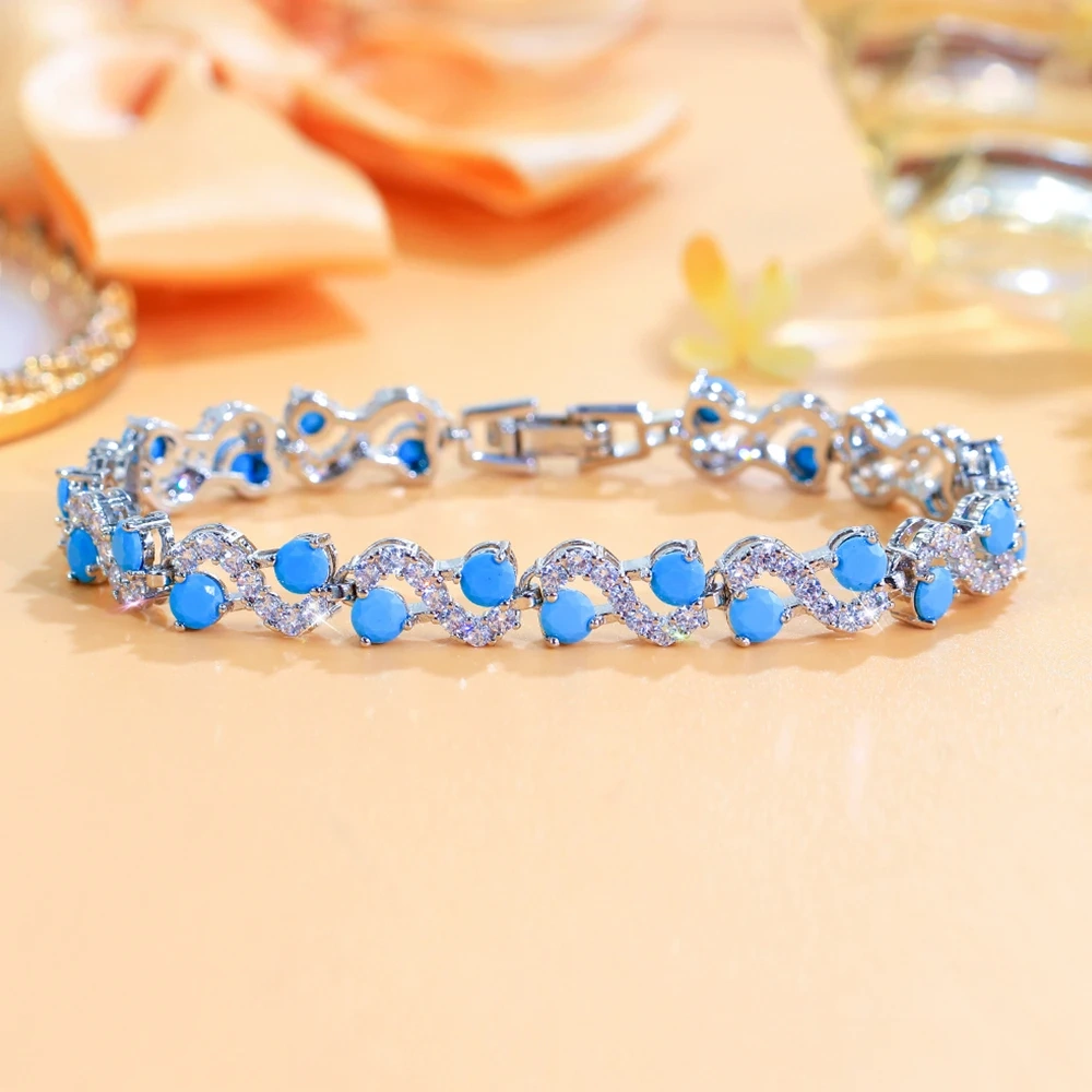 1 Copper Bracelet Luxury Round Blue Turquoise And Zircon Twist Design Bracelet Suitable For Women Party/Engagement/Wedding Jewelry Gift