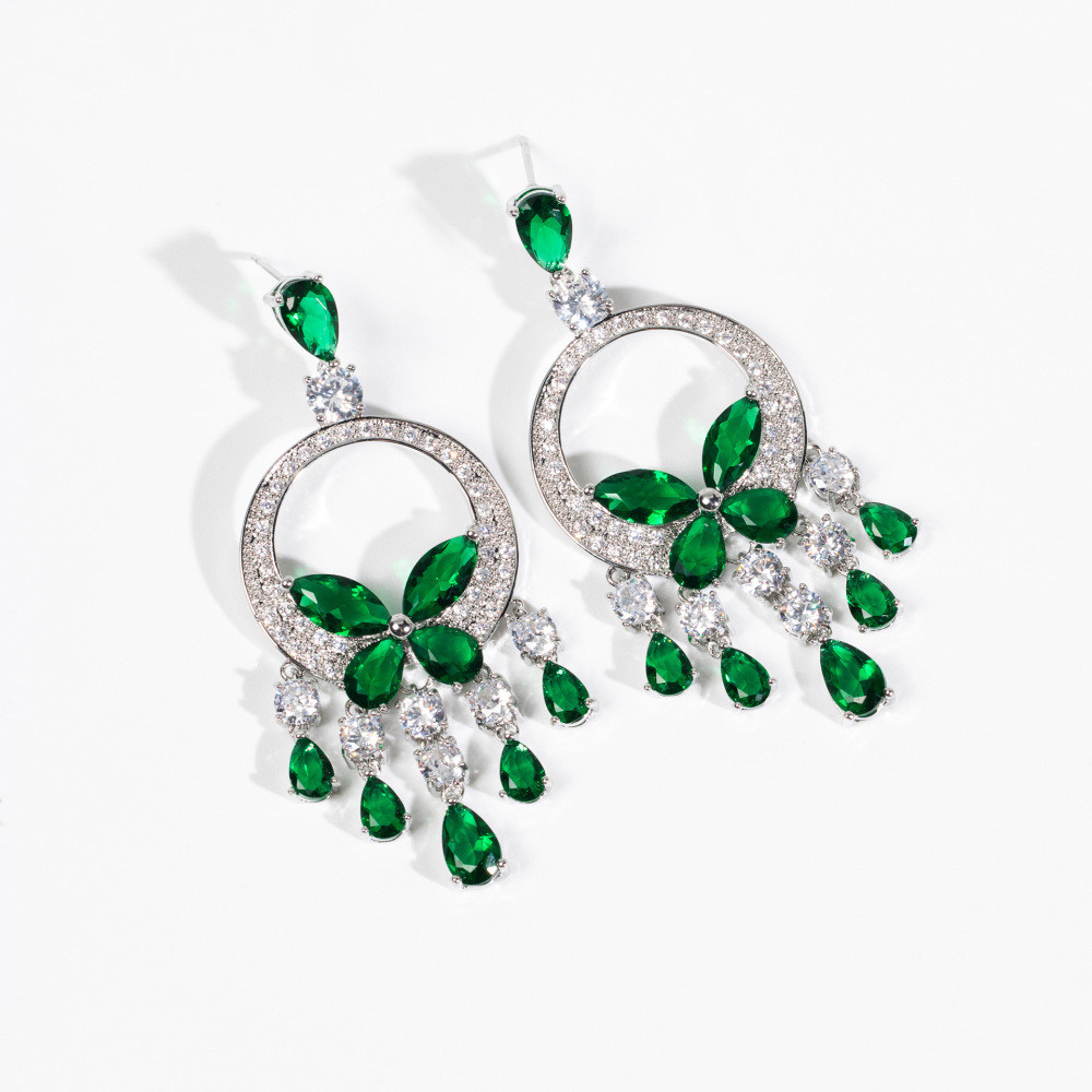 Elegant Simple Fashion Green Butterfly Tassel Heavy Work Zircon Dinner Party Dress Accessories Earrings Dangle Drop Earrings