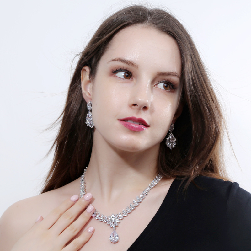 Banquet Birthday Date Copper Women's Zircon Silver Rhodium Plated Water Droplets Flower Jewelry Set