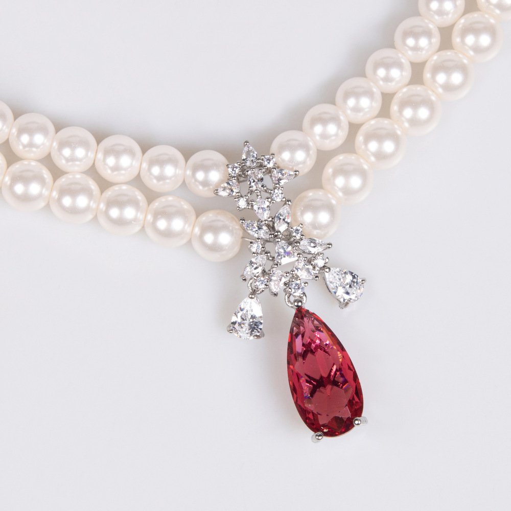 Double Layer Pearl Zircon Necklace Set With Waterdrop Earrings For Banquet Dresses  Style Jewelry Accessories