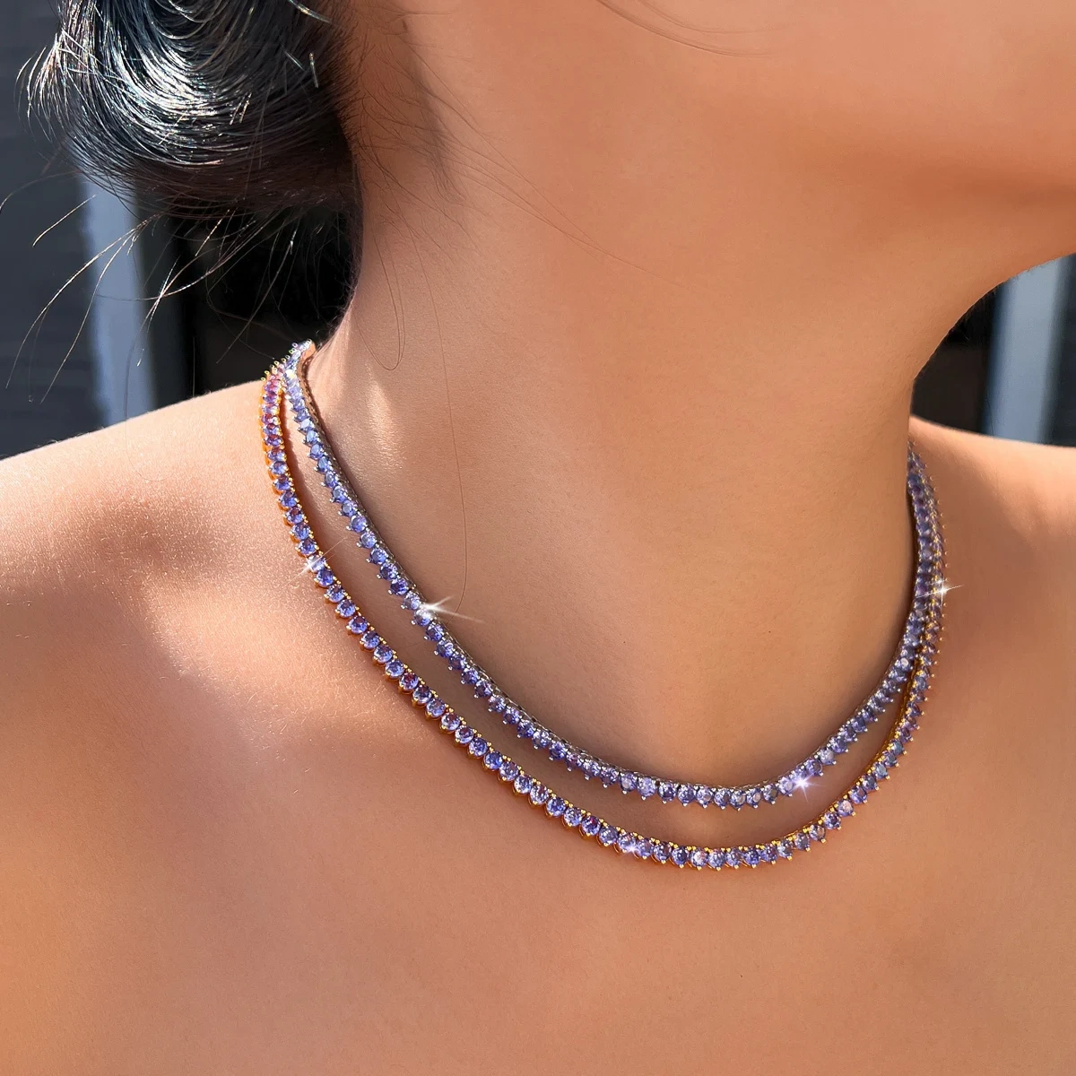 Copper Material Water Plated Rhodium Inlaid Purple Round Zircon Geometric Pattern (Jewelry) Waterproof Non-Fading Butterfly Clasp Women's Wedding Full Diamond Tennis Necklace