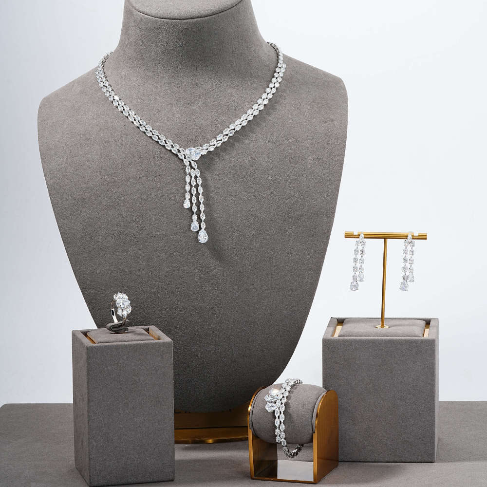 Elegant Fashion Jewelry Set, Water Drop Geometric Tassel Design Zircon Exquisite Necklace Earrings Bracelet Ring, Ideal Gift For Women, Suitable For Date And Party Accessories