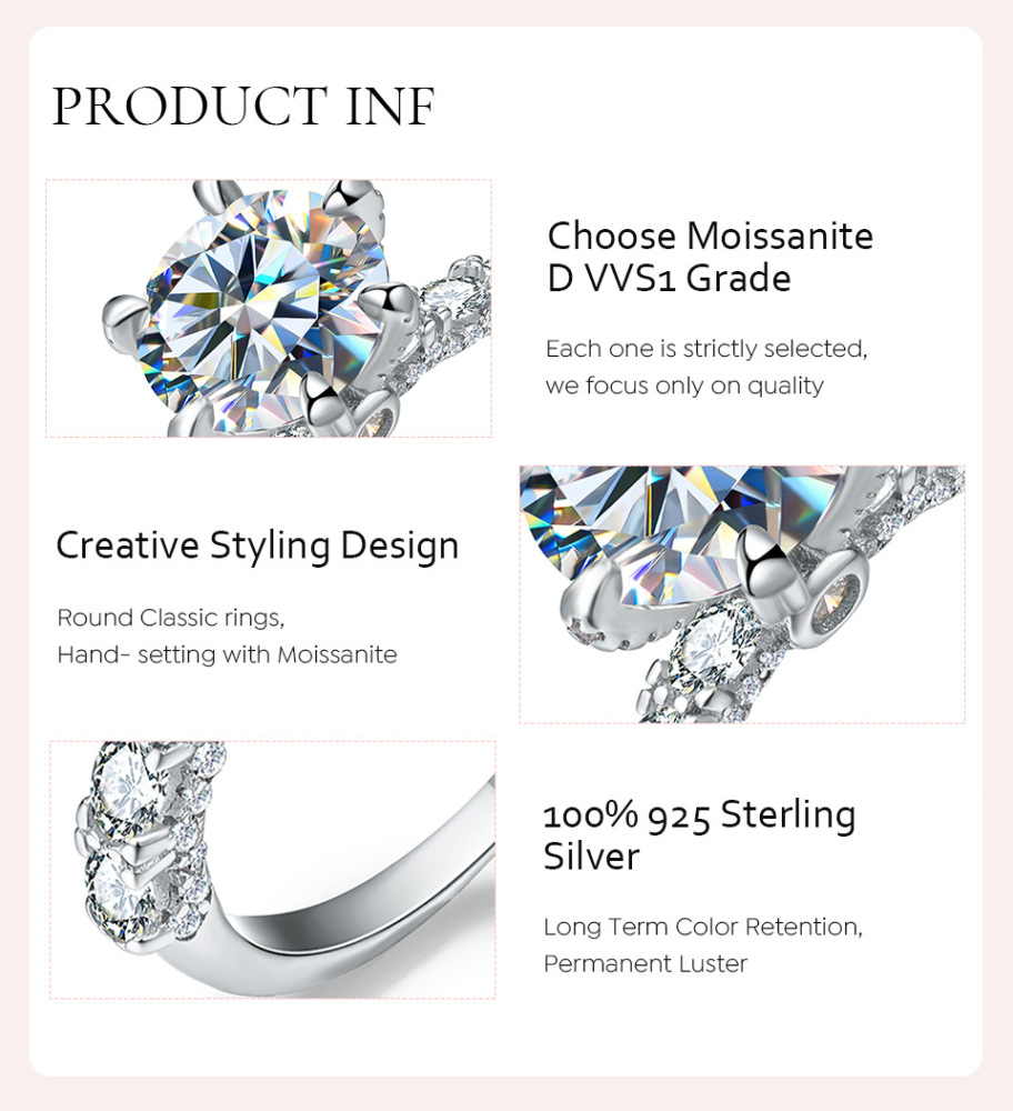 Moissanite 925 Sterling Silver Rings Solid Color Long-Lasting Plated White Gold Plated Rings