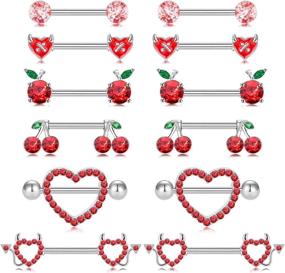 Red Diamond Embedded Heart Cherry Piercing Jewelry Set Women's Stainless Steel Fashion Accessories  Style