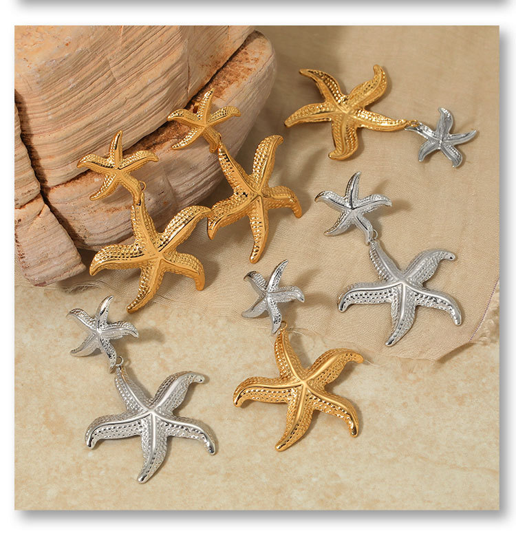 304 Stainless Steel Starfish PVD Coated Stone-Free Real Gold Plated Marine Style Beach Waterproof Non Tarnish Drop Earrings