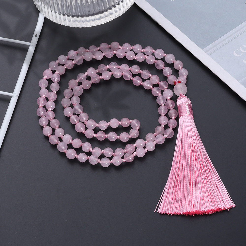 108 Pink Crystal Handmade Knot Necklace  Best Selling Long Tassel Accessories Meditation Woolen Chain In Stock Wholesale