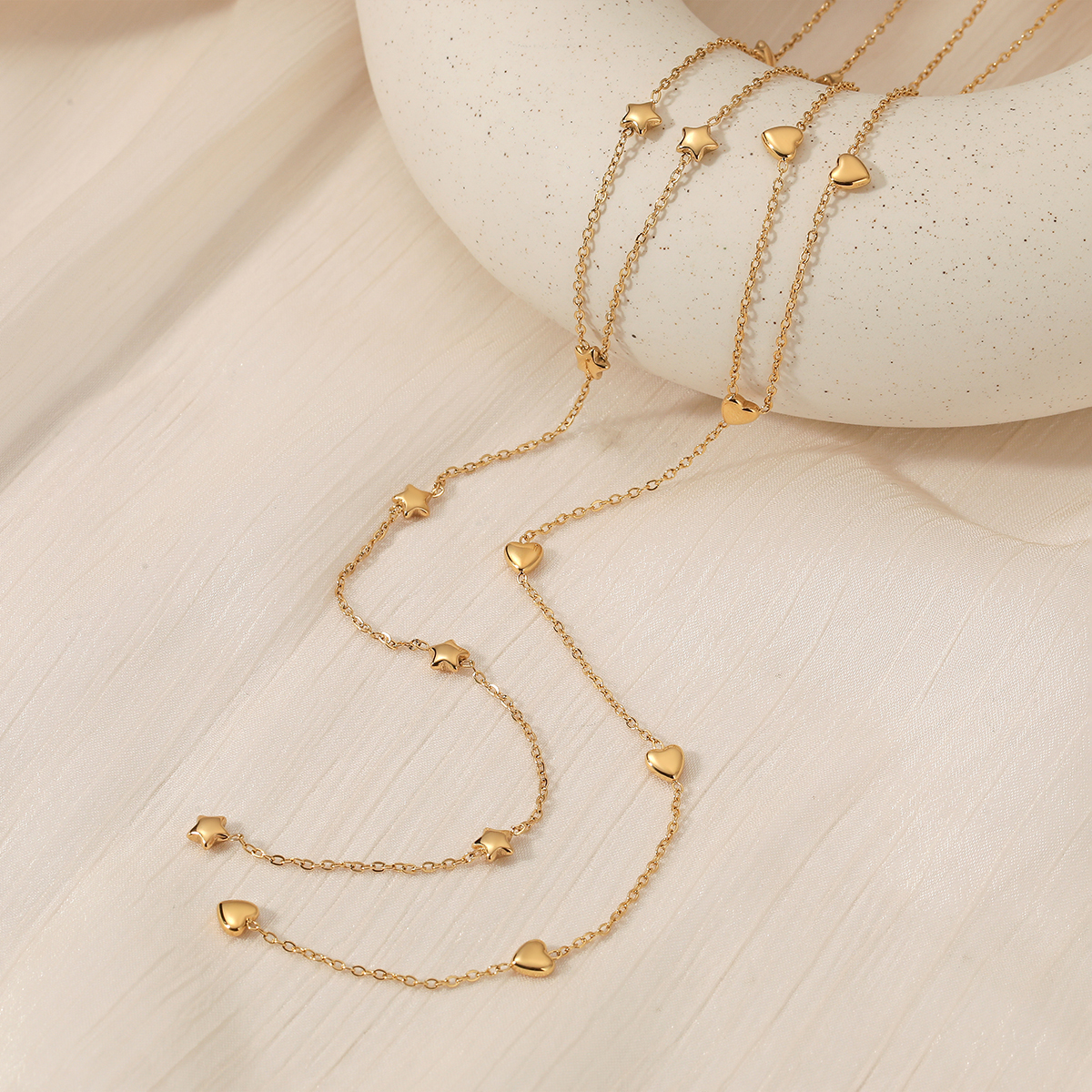 Elegant Long Y-shaped Vacuum Plating (In Furnace) Real Gold Plated 304 Stainless Steel Heart And Star Pendant Necklace Women's Fashion Daily Commuting Accessories