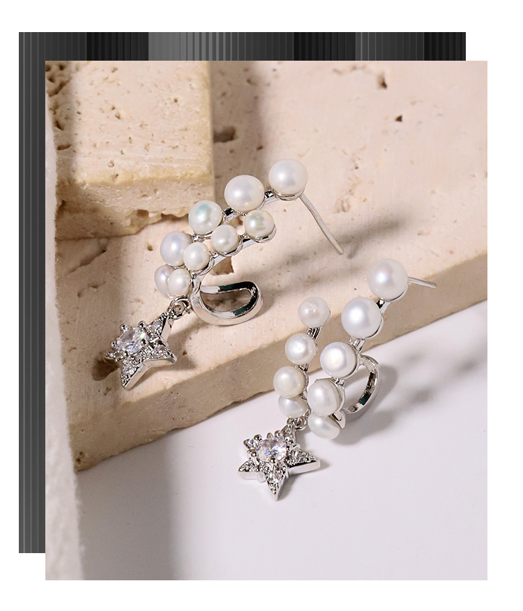 Natural Freshwater Pearl Star Stud Earrings White Gold Elegant Simple Style Women's Jewelry Accessories For Date And Tea Party