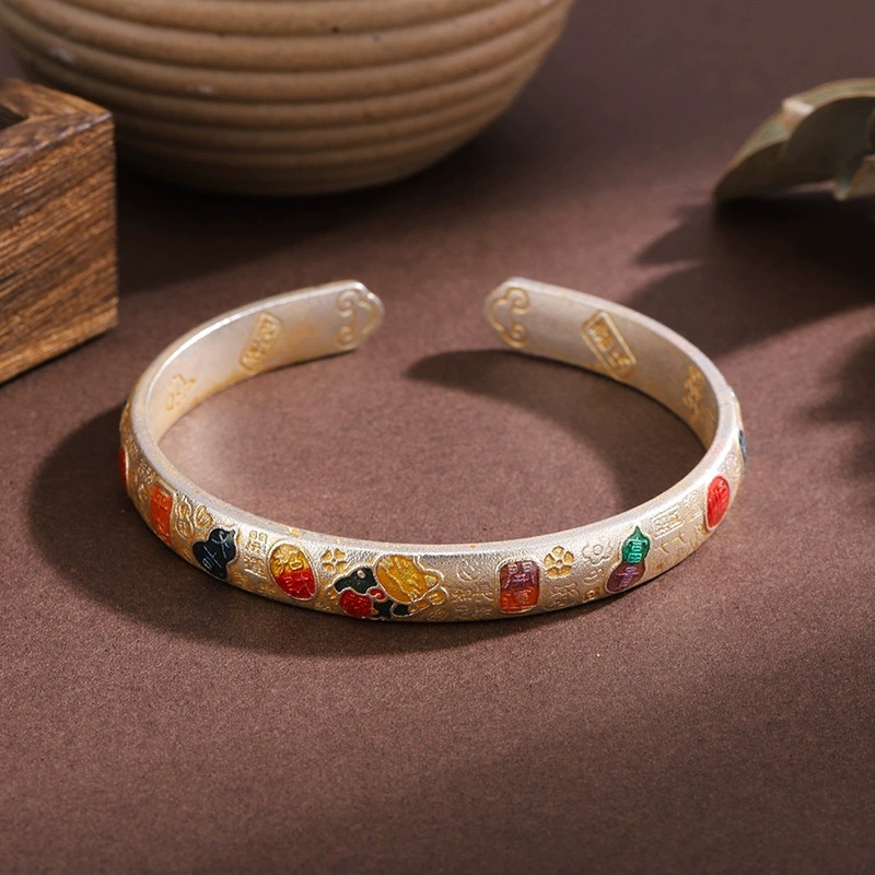 Vintage Ethnic Style Silver-Plated Bracelet Enamel Lucky Cat Auspicious Bracelet For Women New Chinese Style National Style Copper Universal Electroplated Silver Bracelet Gift For Girlfriend