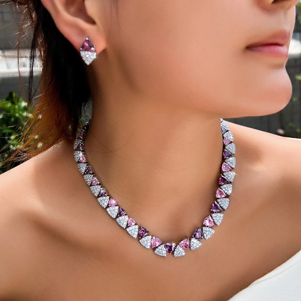 2-Piece Copper Jewelry Set Romantic Geometric Pink Purple Triangle Cubic Zirconia Necklace Earrings Set For Women Wedding Evening Jewelry Accessories