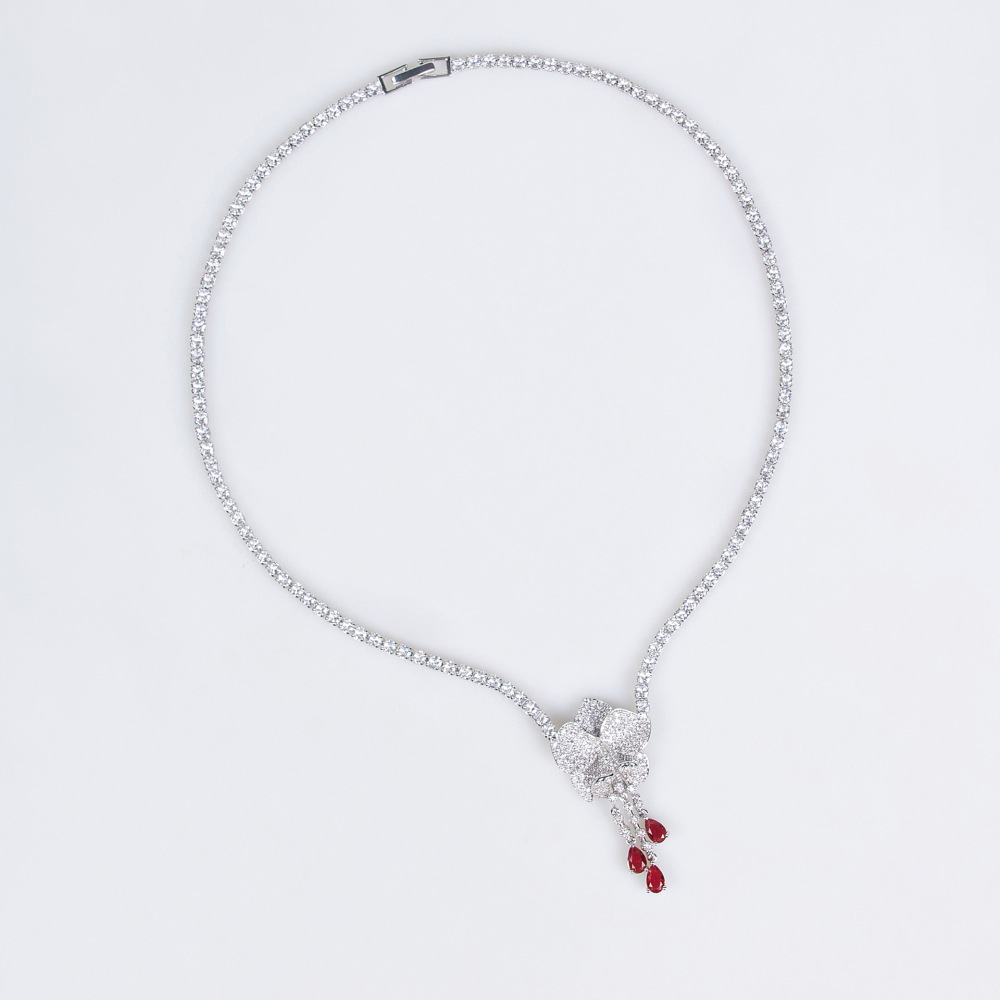 Elegant White Zircon Flower Earrings Necklace Set Bridal Jewelry Fashionable Luxury Copper Accessories For Women