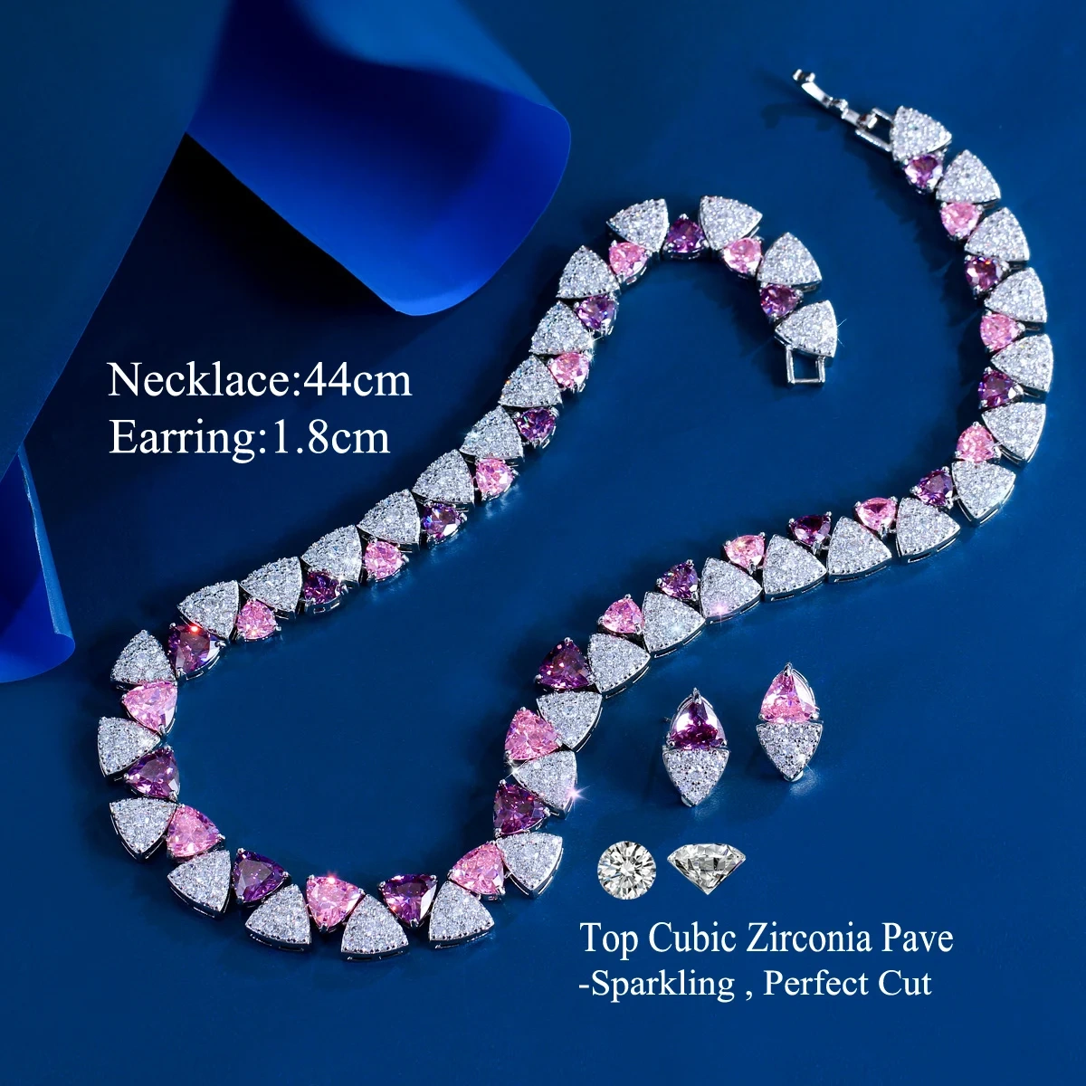 2-Piece Copper Jewelry Set Romantic Geometric Pink Purple Triangle Cubic Zirconia Necklace Earrings Set For Women Wedding Evening Jewelry Accessories