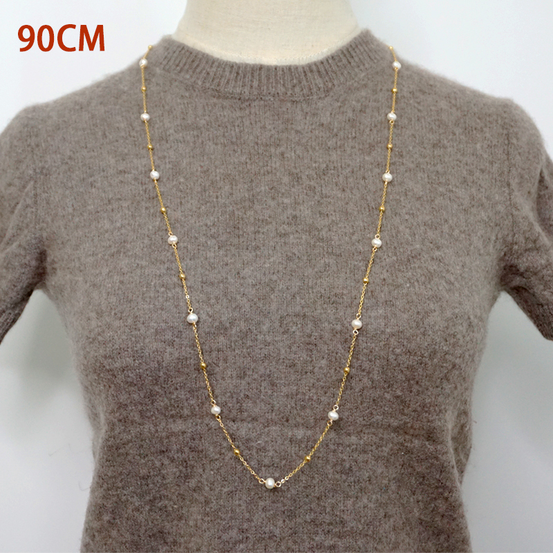 Freshwater Pearl Ferroalloy Round Vacuum Plating Gold Plated Simple Style Classic Style Waterproof Non Tarnish Beaded Plating Gold Sweater Chain Long Necklace