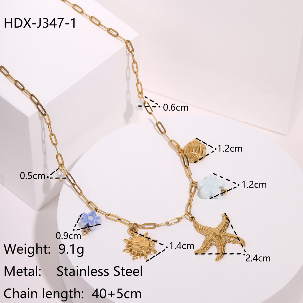 Fashionable Holiday Star Flower Pendant Pearl Embedded Shell Stainless Steel Necklace Clavicle Chain Geometric Pattern Bohemian Style Women's Luxury PVD Coating