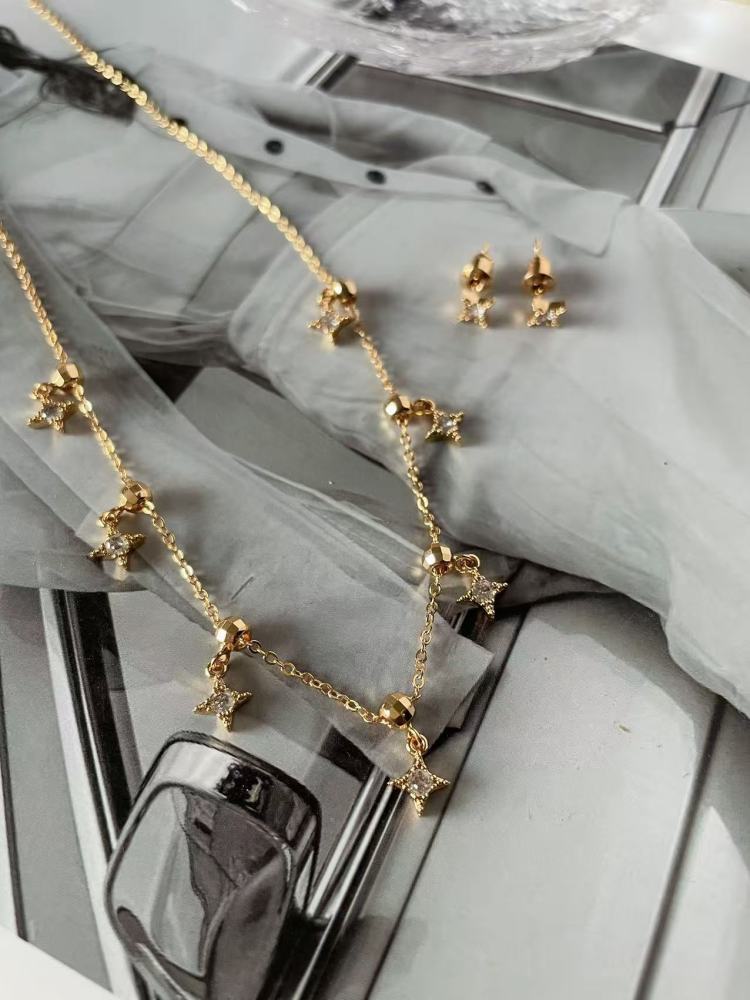 Star Pendant Inlaid With Zirconia, 18K Gold Plated, Vacuum Electroplating Accessories, Simple Adjustable Necklace And Earring Set For Women