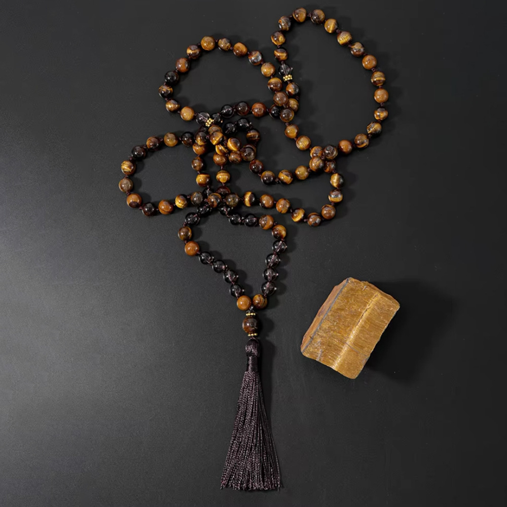 Hot Selling 108 Tiger Eye Tea Crystal Bracelet Men's Mala Rosary Handmade Beaded Woolen Chain Jewelry
