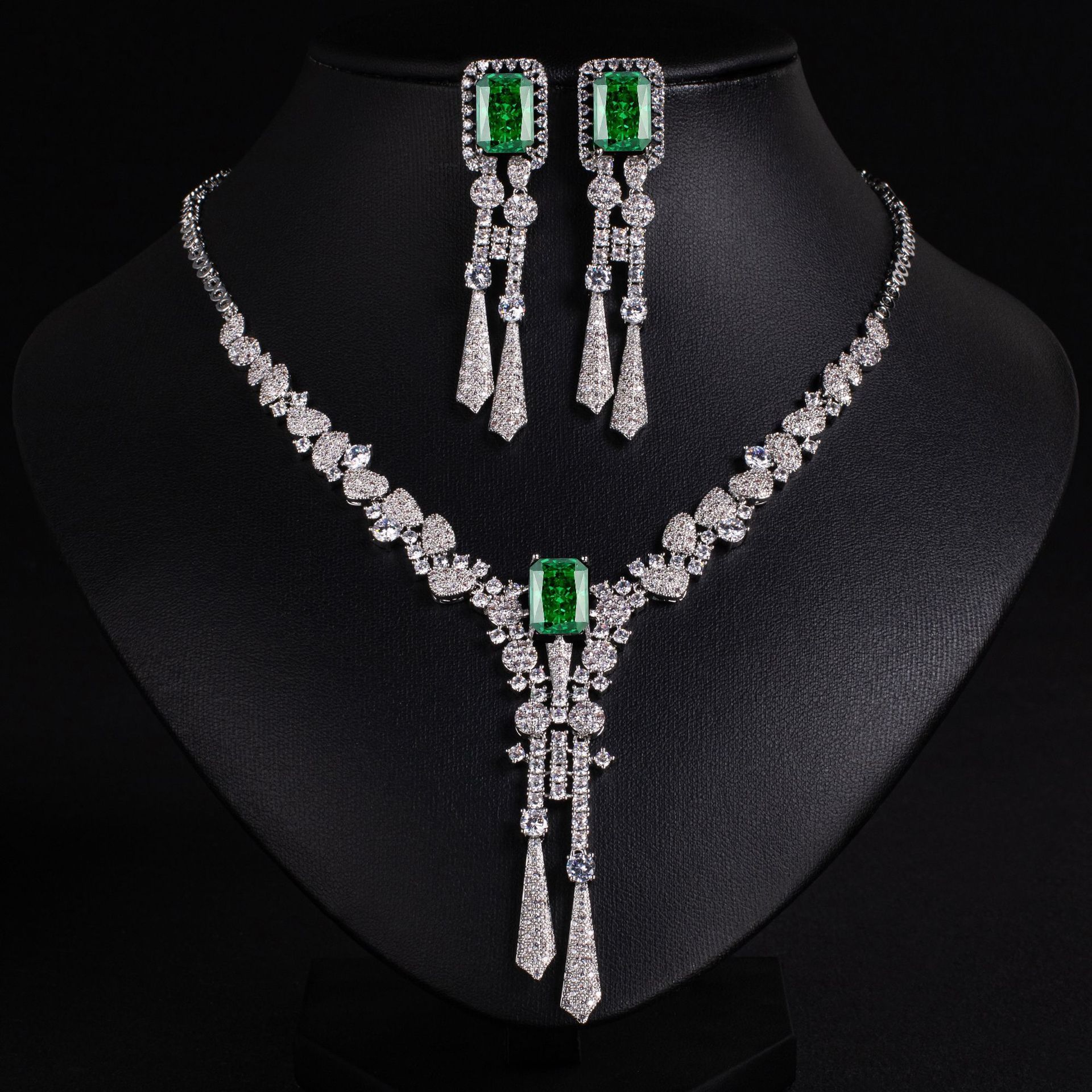 Elegant Simple Wedding Necklace Earring Set Zircon Flower Jewelry Accessories For Dress Silver Needle Tassel Decorations