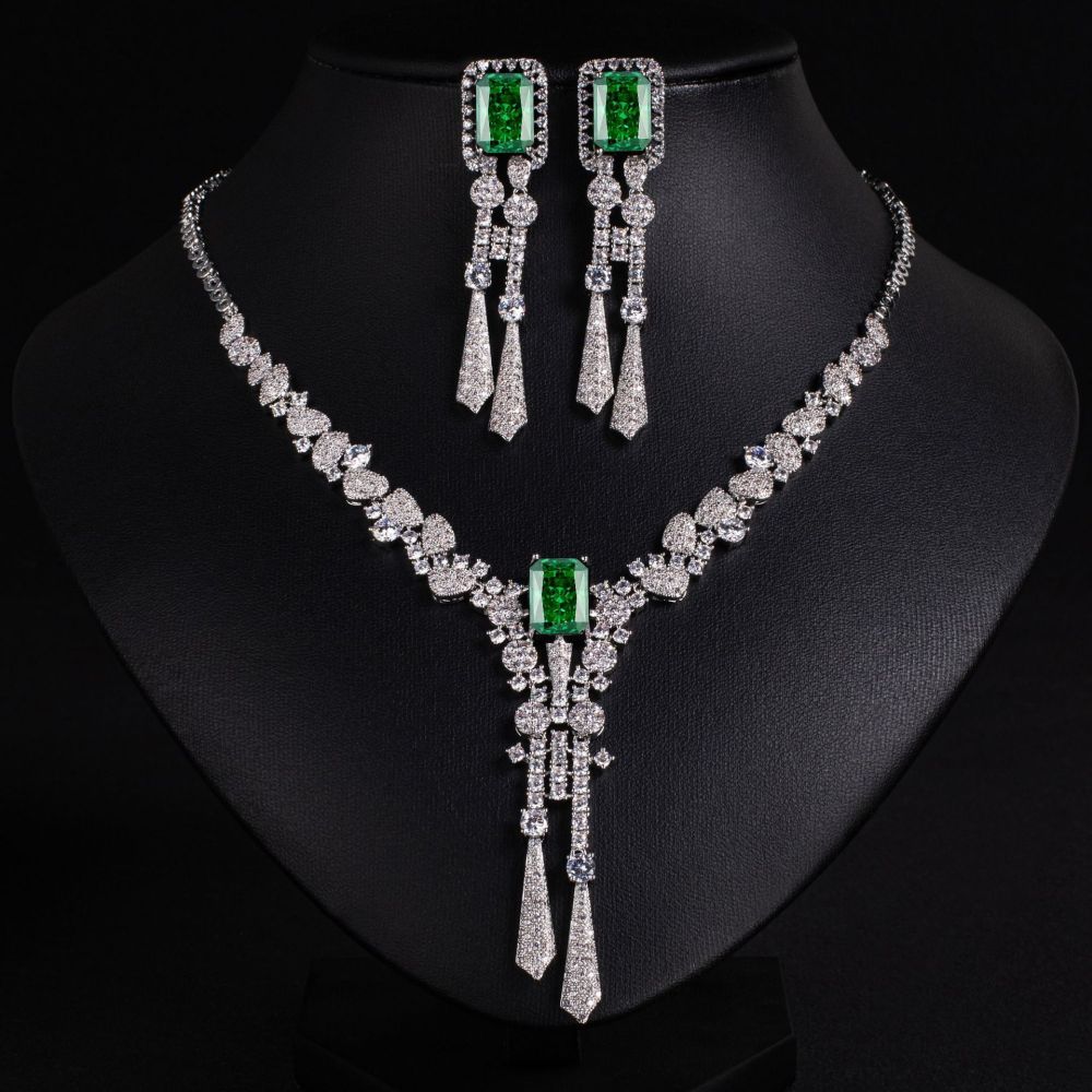 Elegant Simple Wedding Necklace Earring Set Zircon Flower Jewelry Accessories For Dress Silver Needle Tassel Decorations