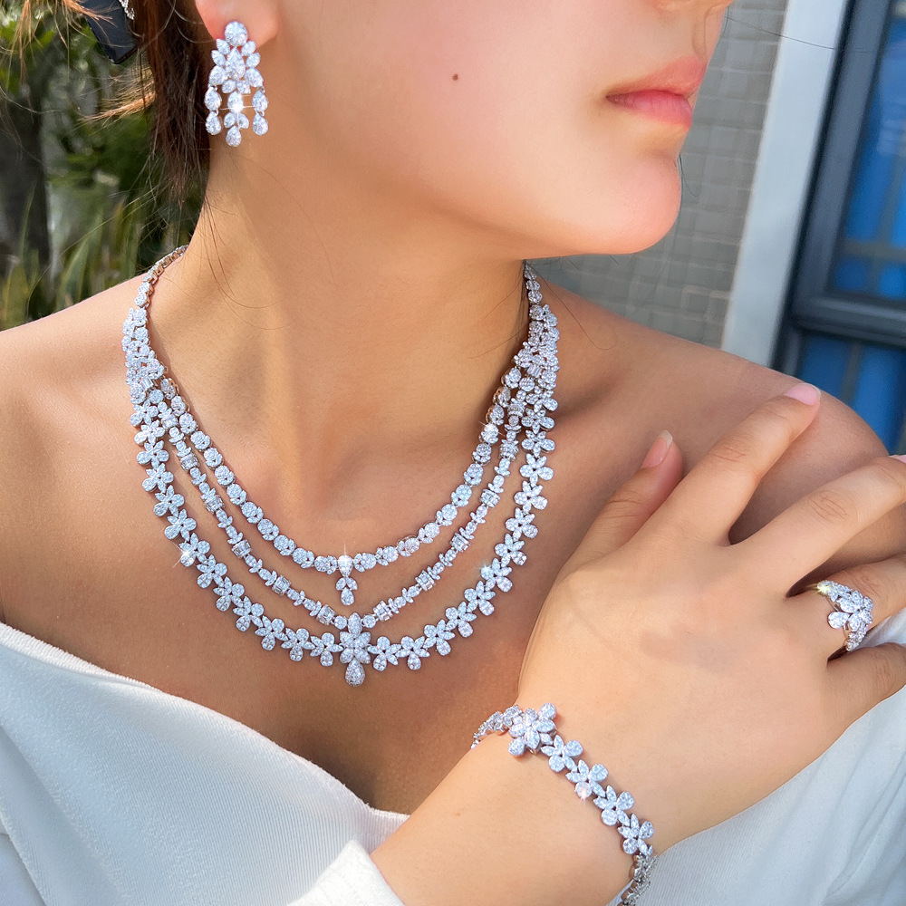 Women's 4 Piece Gold Plated Copper Jewelry Set Zircon Necklace Earrings Bracelet Ring Bridal Set For Wedding Party Date New Style Luxury
