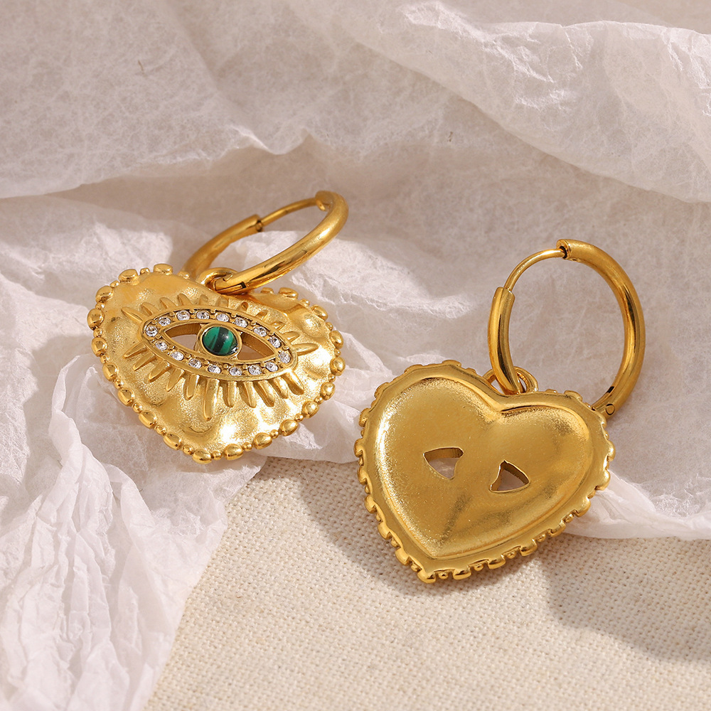 PVD Coated Real Gold Plated Heart Shape 304 Stainless Steel Retro Lady Waterproof Non Tarnish Charm Sleeper Hoop Earrings Drop Earrings