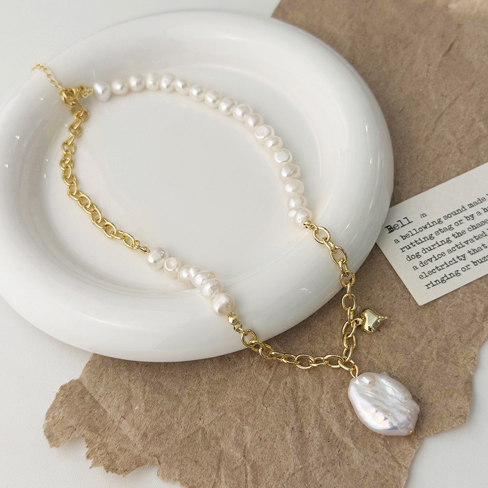 Fashionable Irregular Natural Freshwater Pearl Heart Pendant Necklace Versatile Choker For Women Elegant Geometric Pattern Jewelry
