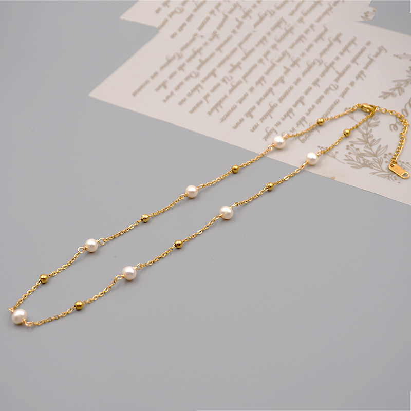 Freshwater Pearl Ferroalloy Round Vacuum Plating Gold Plated Simple Style Classic Style Waterproof Non Tarnish Beaded Plating Gold Sweater Chain Long Necklace