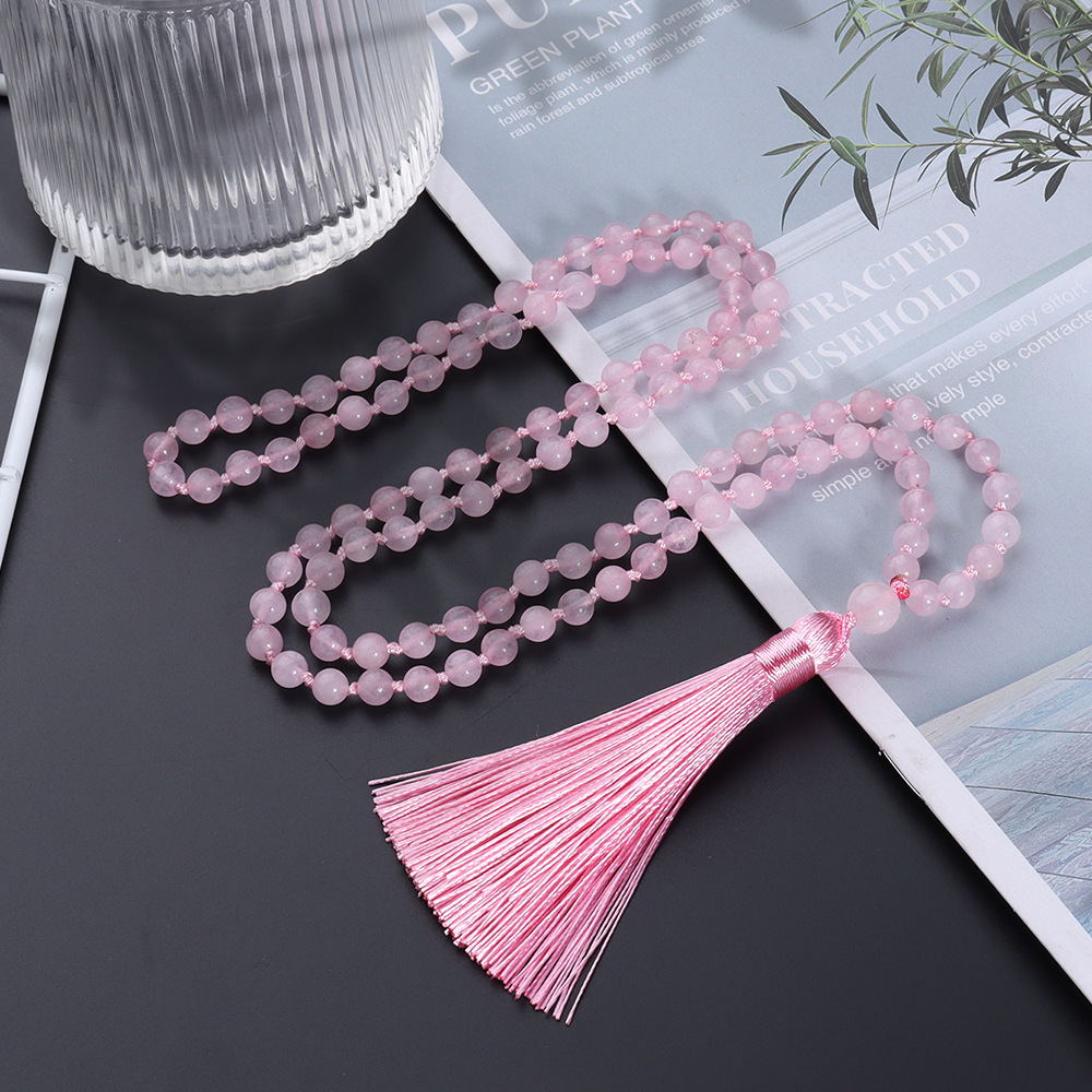 108 Pink Crystal Handmade Knot Necklace  Best Selling Long Tassel Accessories Meditation Woolen Chain In Stock Wholesale