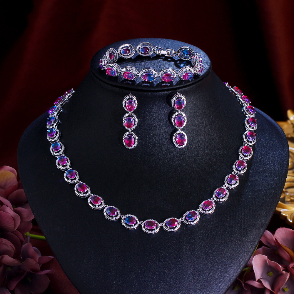 Gold Plated Bridal Jewelry Set 3 Pieces - Luxury Rhinestone & Oval Gemstone Necklace Earrings Bracelet Trio For Women Wedding Party Accessories