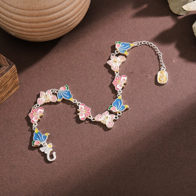 Silver-Plated Bracelet Enamel Butterfly Joy Gold-Plated Vintage Copper Geometric Pattern Bracelet New Chinese Style National Trend Exquisite Handmade Girlfriend Gift