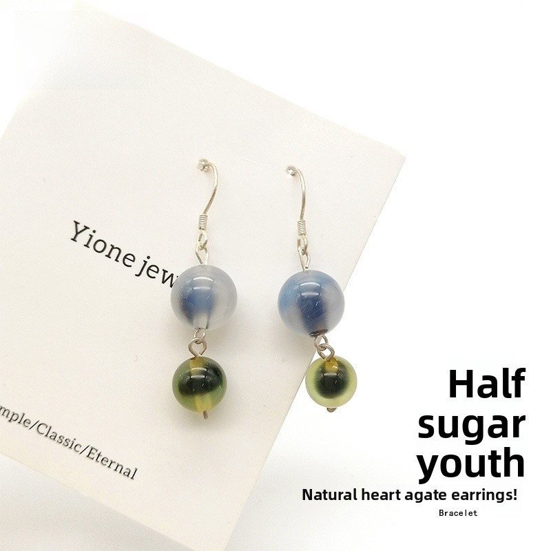 Natural Agate Drop Earrings Women's Unique Design Elegant Hanfu Accessories S925 Silver Geometric Pattern Simple Style