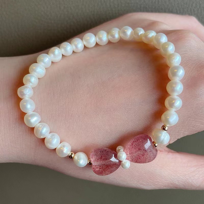 Pink Heart Shaped Freshwater Pearl Bracelet Women's Unique Strawberry Crystal Hand Chain Fashion Jewelry Accessories For Girls