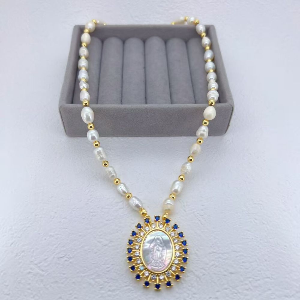 European And American Hot-Selling Color-Retaining Electroplated Zircon Shell Virgin Mary Father Cross Acrylic Pearl Copper Simple Style Lobster Clasp Necklace