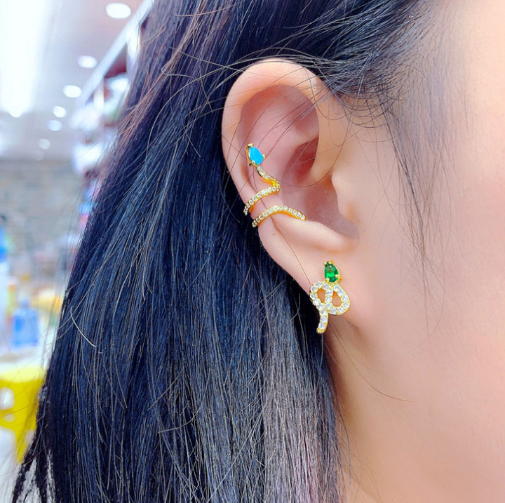 New Micro-inlaid Zircon Snake-shaped S-shaped Ear Clip Cross-border Copper Earring Accessories