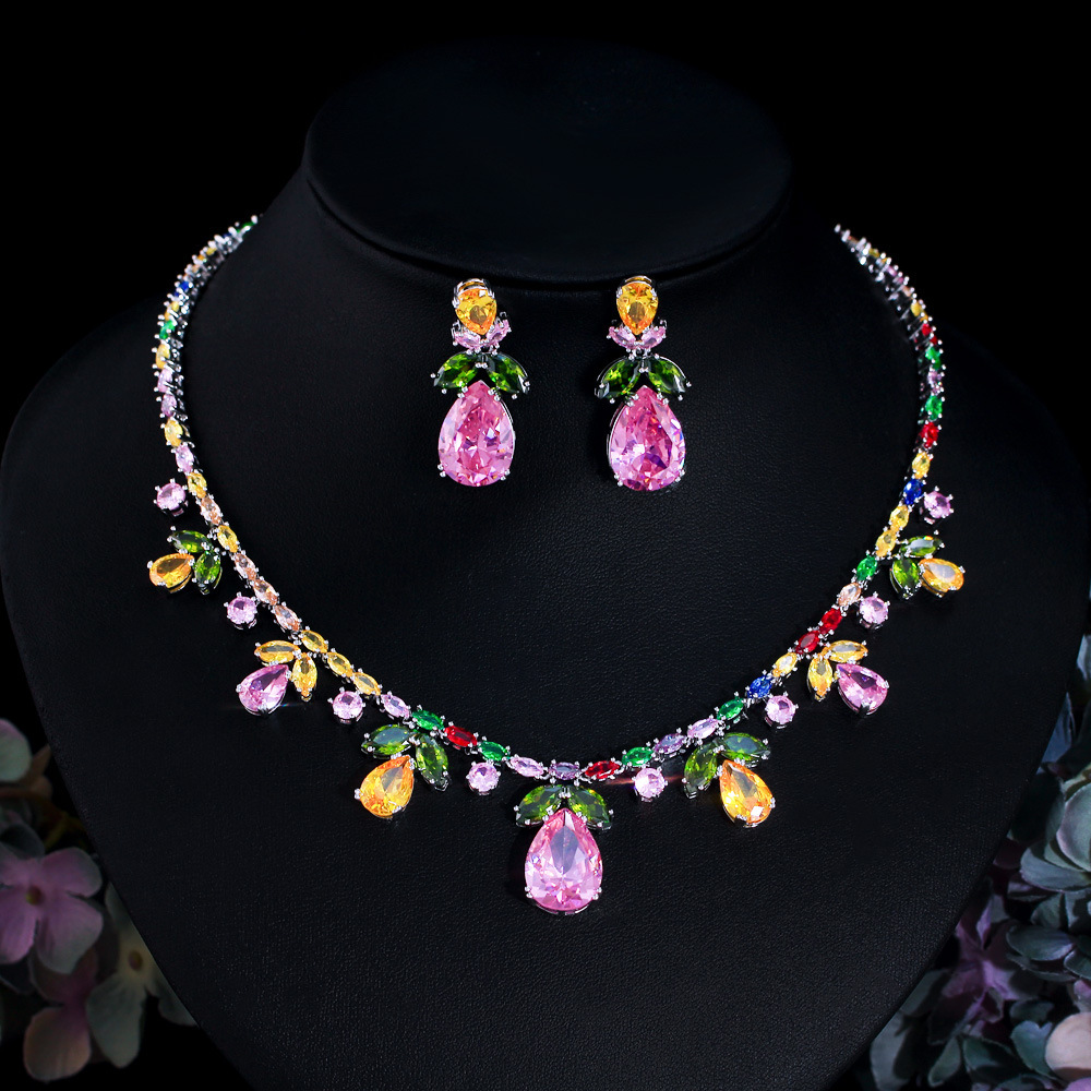 2 Piece Women's Rainbow Cubic Zirconia Necklace Set Chunky Statement Bridal Party Jewelry Gift With Waterdrop Flower Design