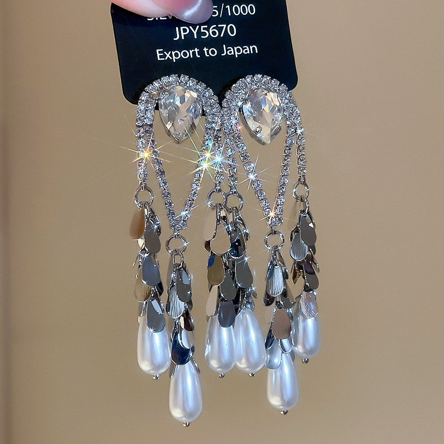 Gold Plated Silver Pin Inlaid Diamond Water Drop Pearl Earrings Vintage Heavy Earrings Jewelry Accessories