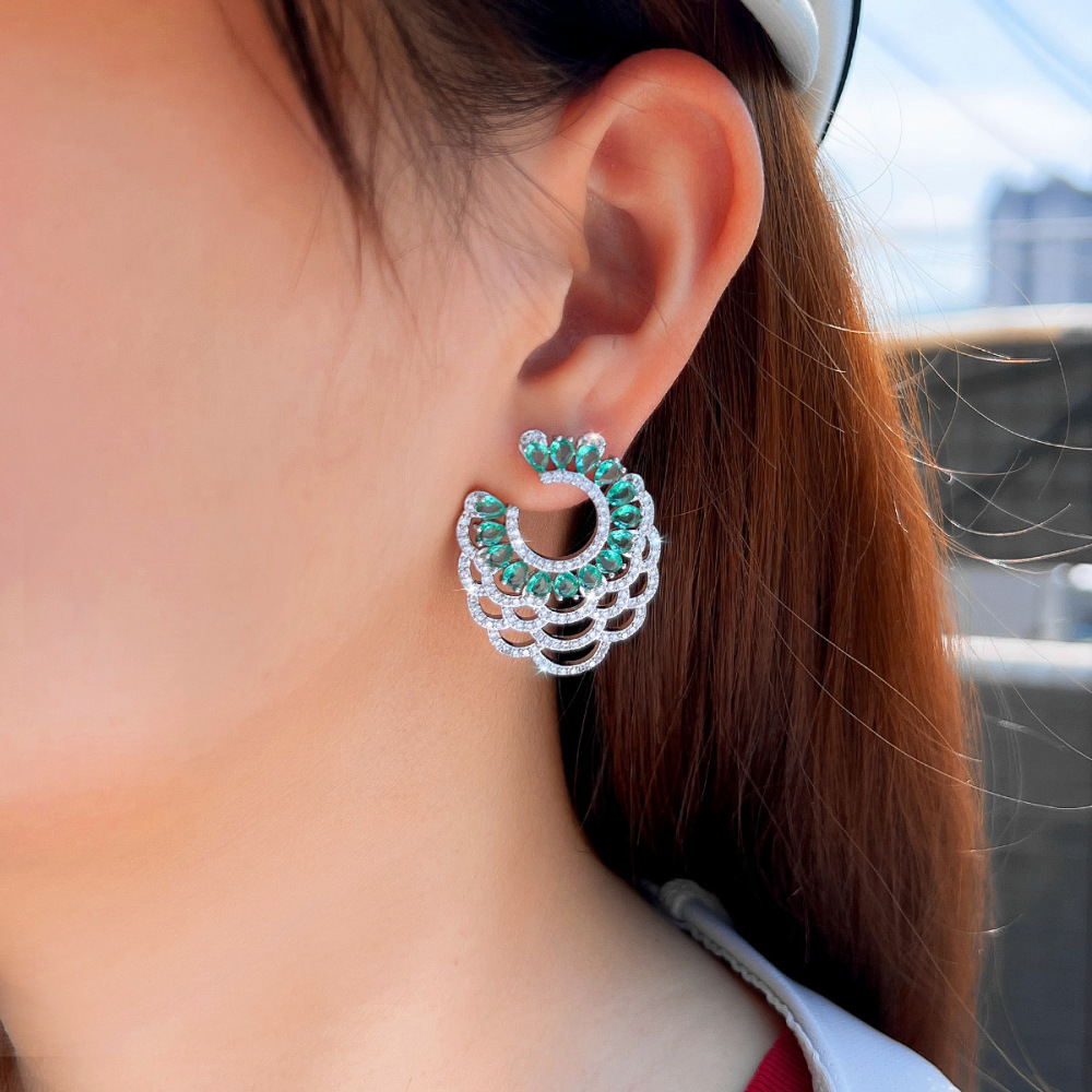 Women's Large Hoop Earrings Green Rhinestone Geometric C-Shape Drop Earrings Elegant French Copper Wedding Party Date Night Accessories