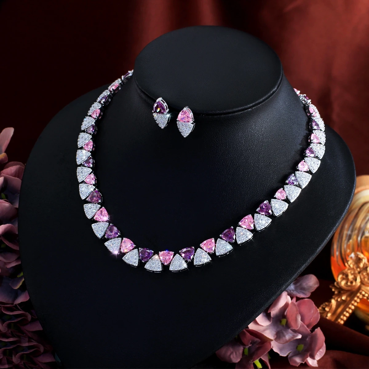 2-Piece Copper Jewelry Set Romantic Geometric Pink Purple Triangle Cubic Zirconia Necklace Earrings Set For Women Wedding Evening Jewelry Accessories