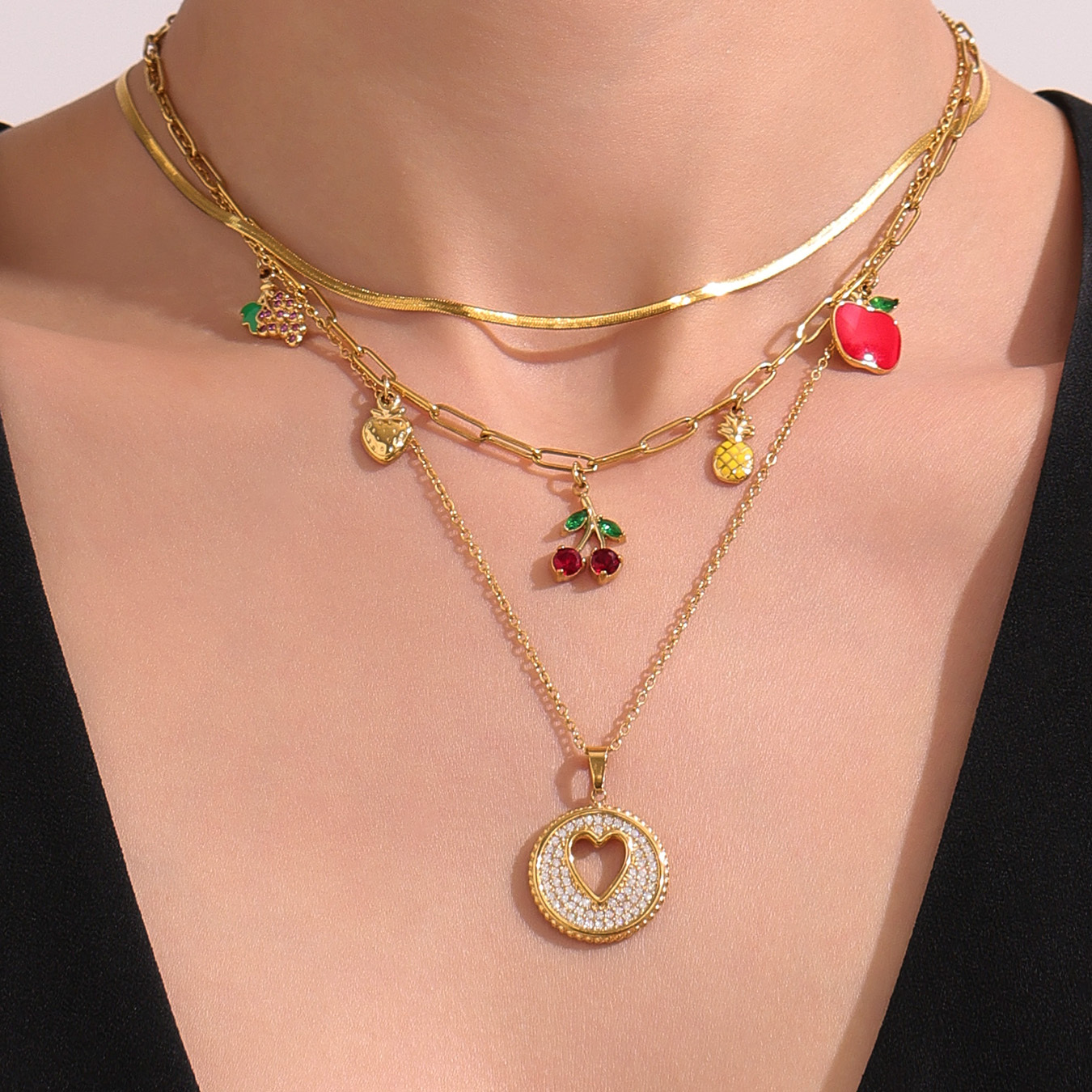 Stainless Steel DIY Fruit Pendant Necklace Round Hollow Heart Zirconia Cherry Grape Pineapple Design Jewelry For Women Lobster Clasp