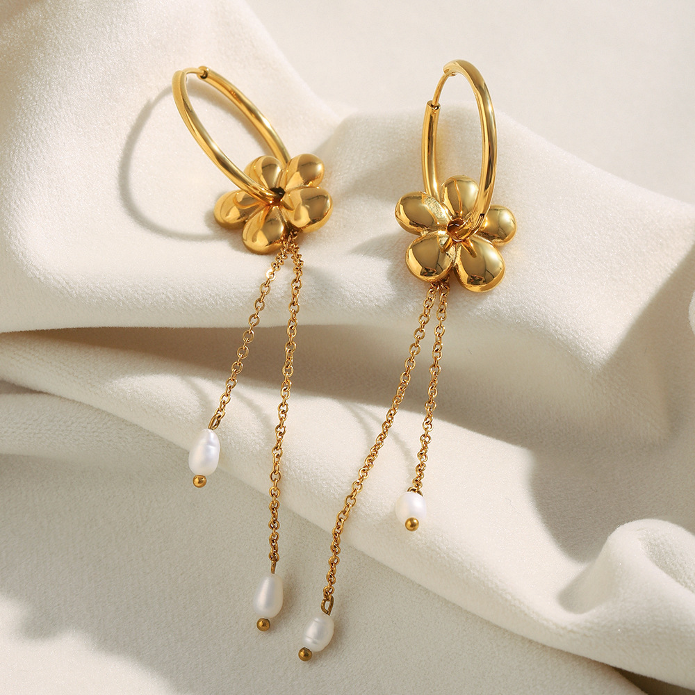Elegant Versatile High-End Pearl Tassel Earrings Stainless Steel Plated 18K Gold Geometric Pattern Luxury Style For Women