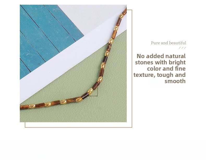 Handmade Tiger Eye Stone Beads Necklace Women's Style Stainless Steel Sun Pendant Clavicle Chain Geometric Pattern Natural Stone
