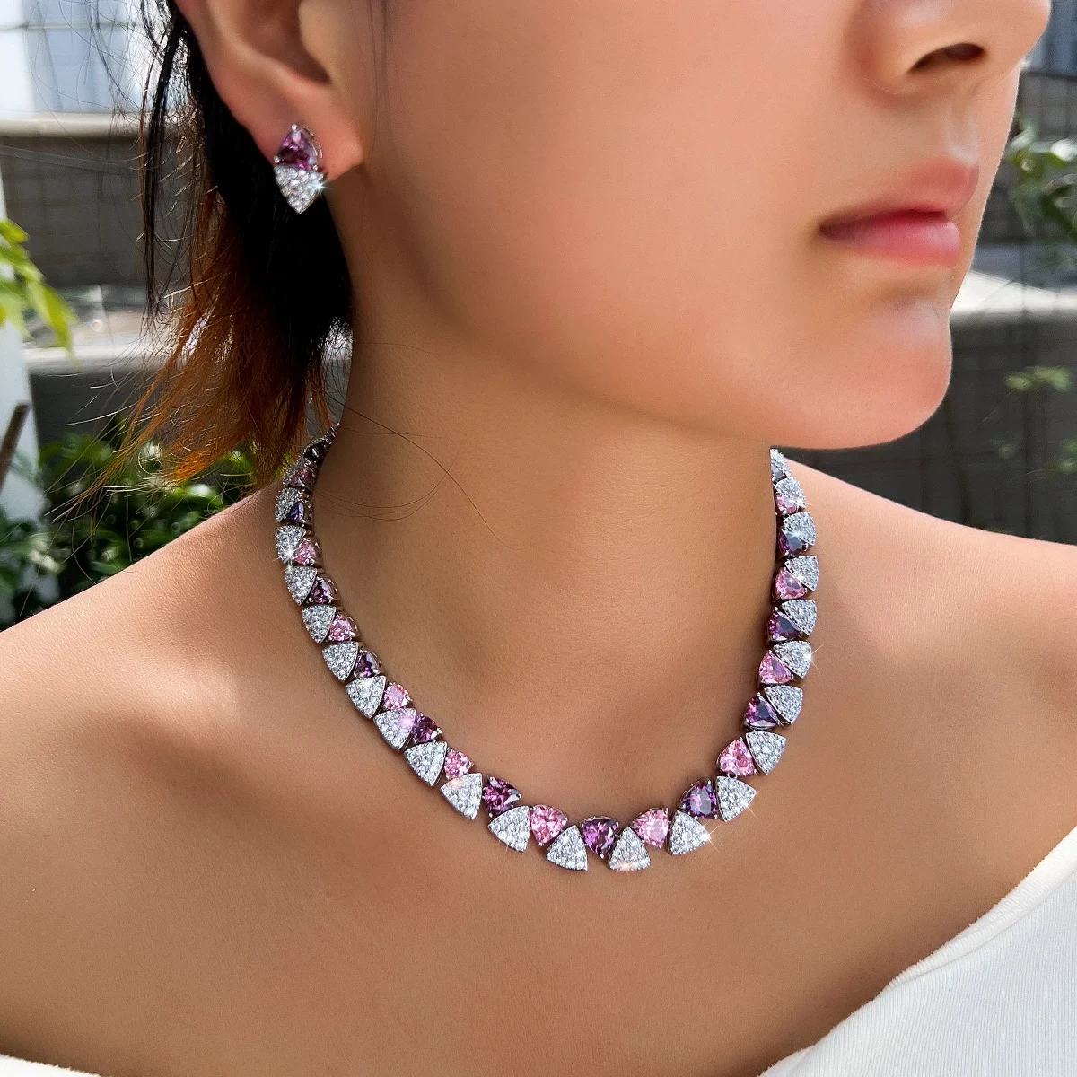 2-Piece Copper Jewelry Set Romantic Geometric Pink Purple Triangle Cubic Zirconia Necklace Earrings Set For Women Wedding Evening Jewelry Accessories