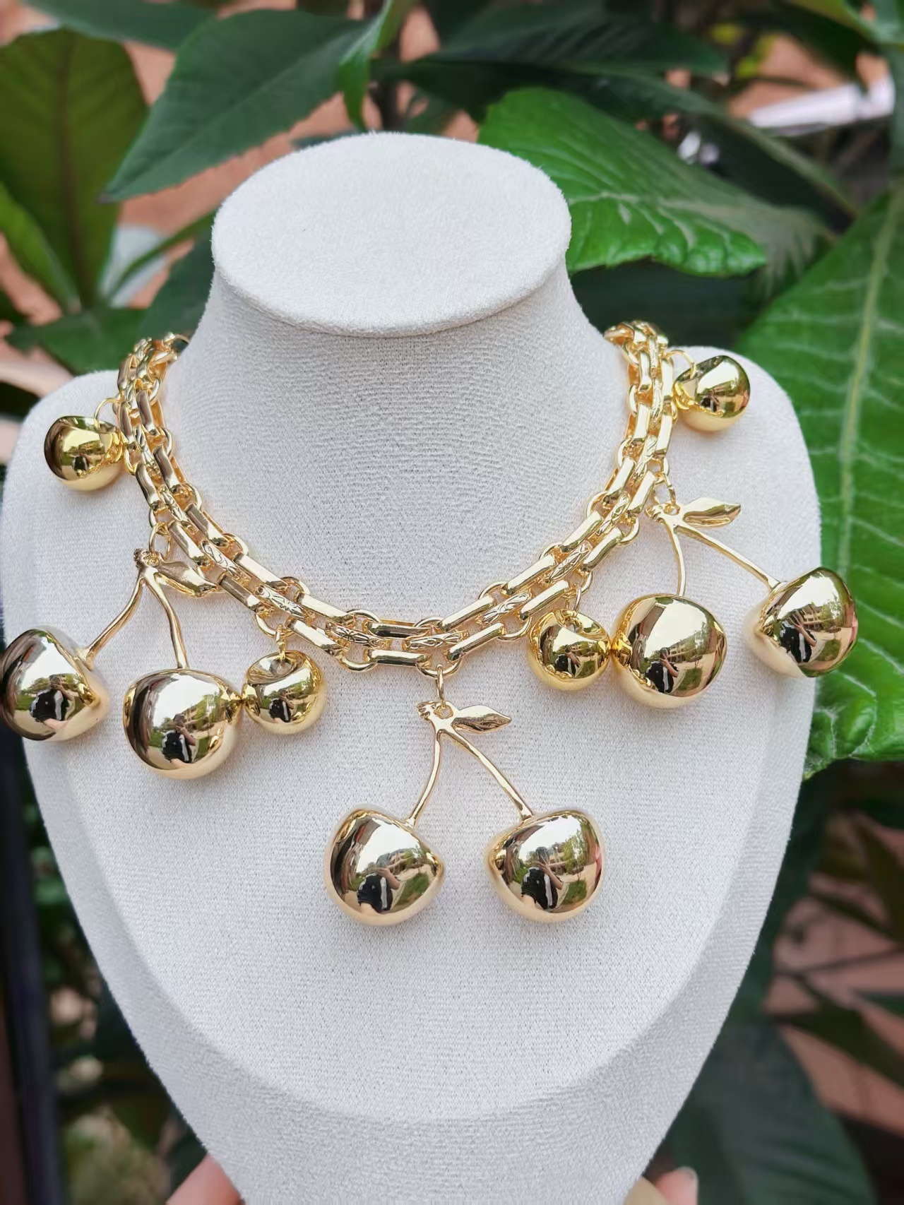 Wholesale Jewelry Elegant Classic Style Cherry Fruit Copper Gold Plated Multi Charms Necklace