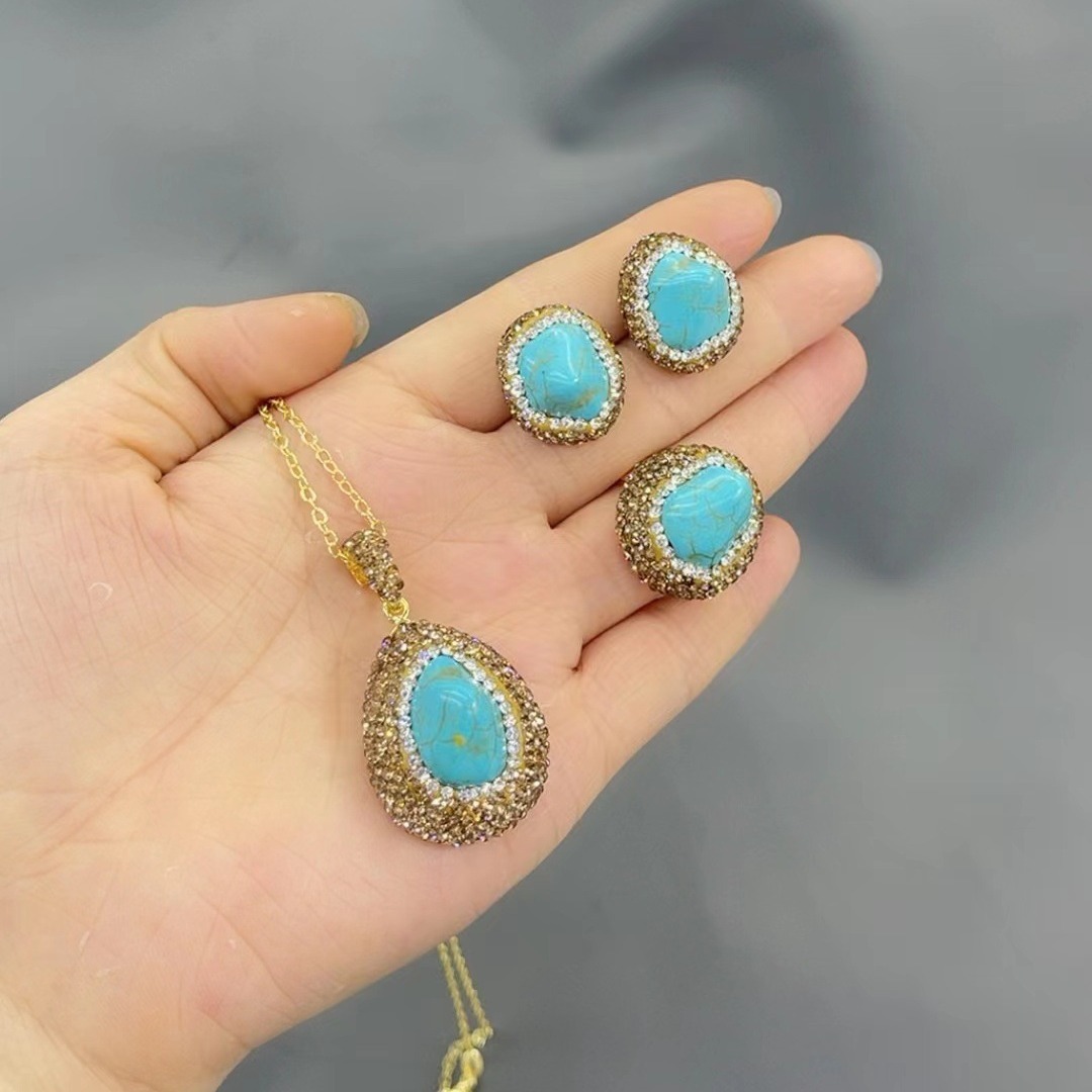 New Natural Turquoise Set  Style Vintage Necklace Earrings Ring Bracelet Jewelry Accessories